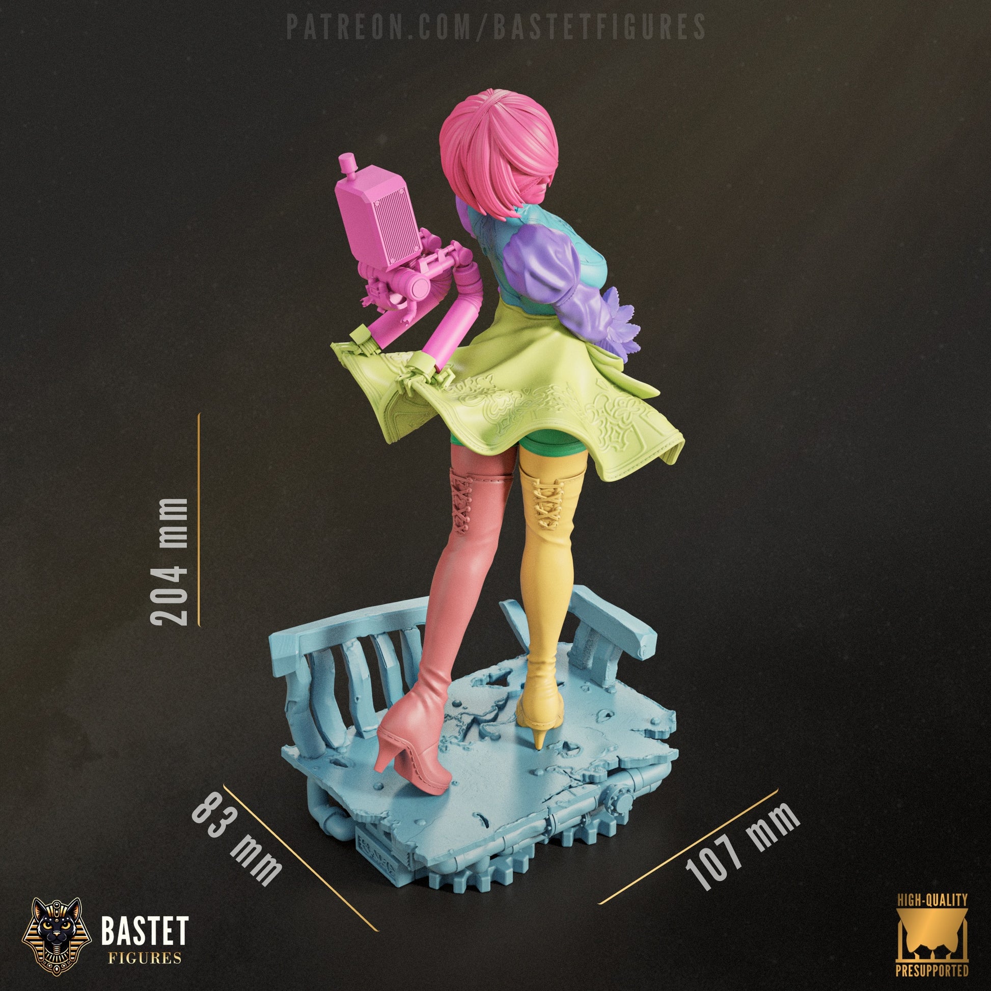 Back view of fully assembled 2B figure in color-coded parts showing modular components and dimensions (204mm height).