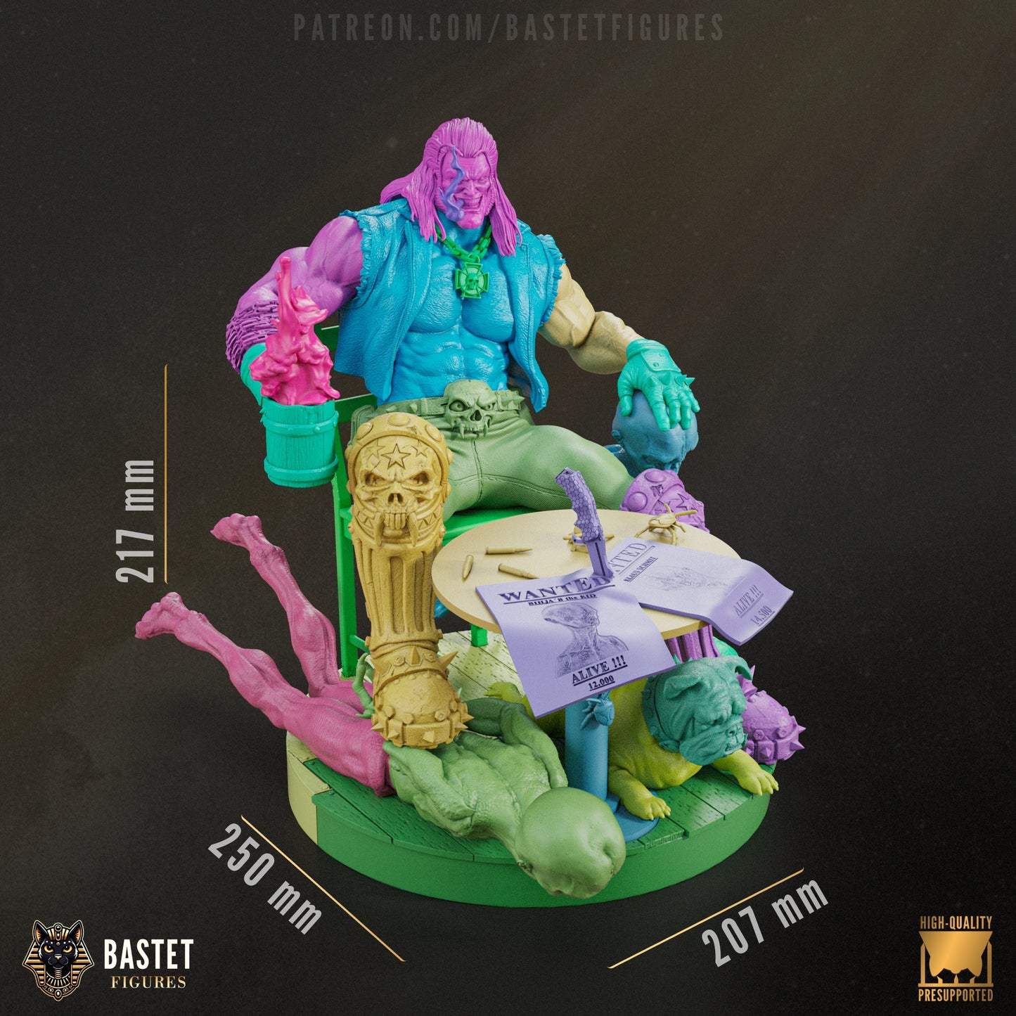 Fully assembled 1:8 scale Lobo seated on a pile of enemies with beer mug, skull-themed armor, and wanted posters on the table.