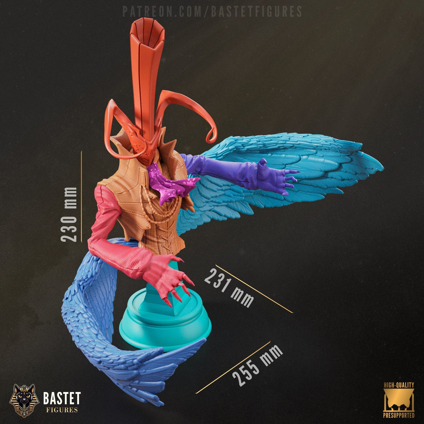 Color coded render of Arsène bust with dramatic outstretched wings and detailed coat, posed mid-motion on a teal base.