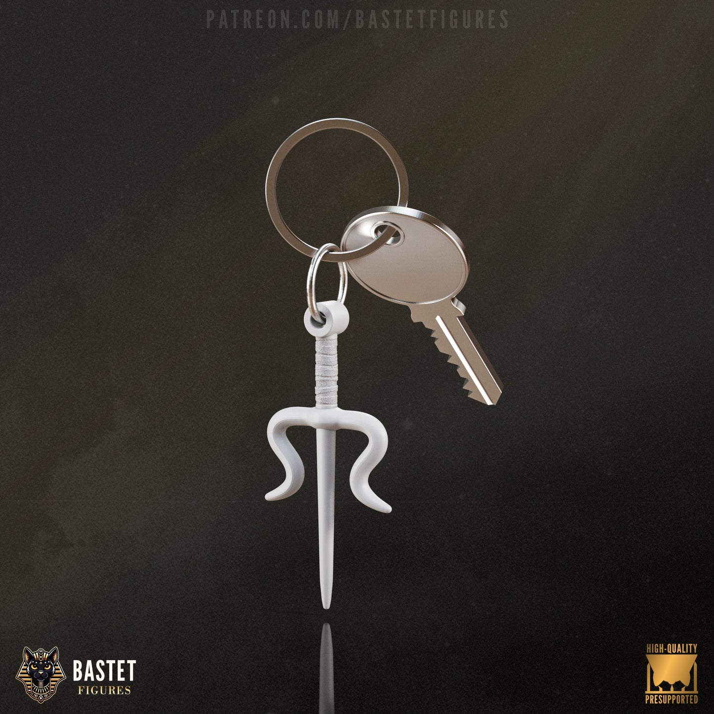 Sai keychain modeled after Elektra’s weapon, displayed with keys for scale.