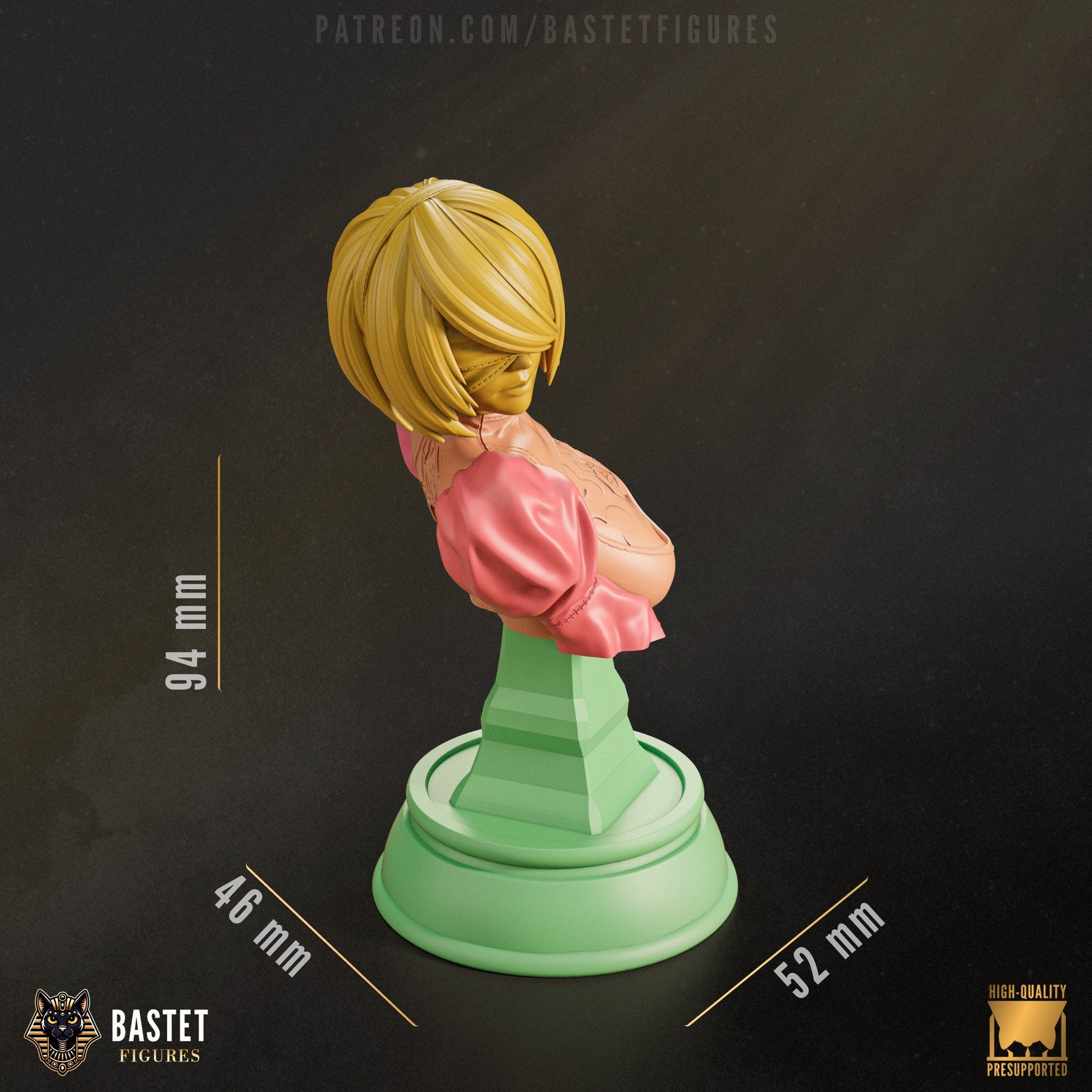Fully assembled 2B bust display measuring 94mm tall, mounted on stylized display stand.