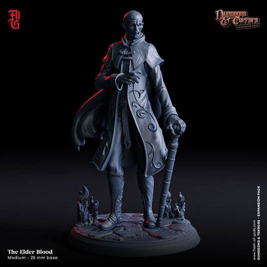 The Elder Blood miniature standing with a cane, wearing a detailed coat and resembling Count Orlok.