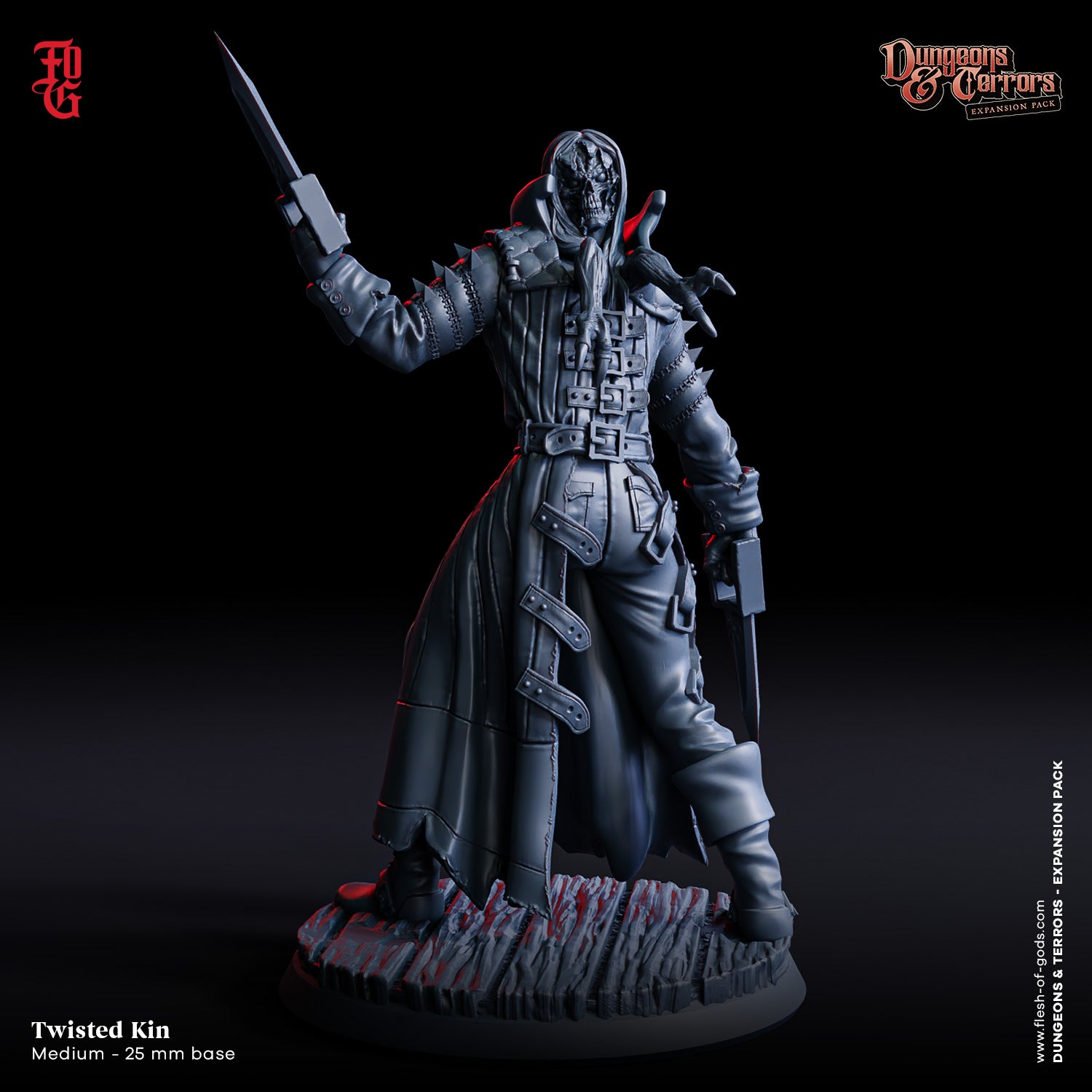 Twisted Kin miniature standing with a large blade in hand, wearing a strapped coat inspired by Gabriel from Malignant.