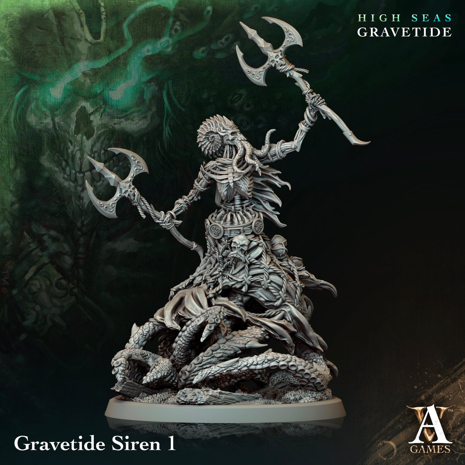 Gravetide Siren with axes, posed commanding the depths, ideal for games like Pathfinder or Dungeons & Dragons.