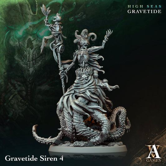 Gravetide Siren wielding a staff adorned with a skeleton topper, standing atop a mass of coiled tentacles, exuding dark aquatic magic, perfect for TTRPG settings.