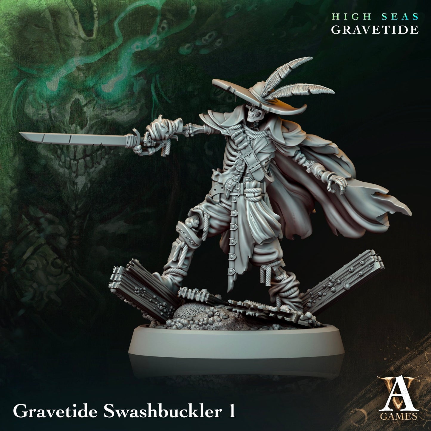 A skeletal pirate swashbuckler wielding a sword, wearing a feathered hat and cape, standing in a dueling pose on a coral-encrusted base.