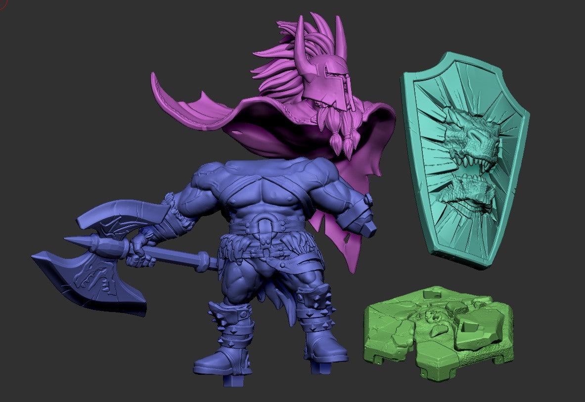 Components of the Hagall - Naga Set, including the warrior's cape, shield with dragon head emblem, and base for assembling, suitable for a customizable miniature collection.