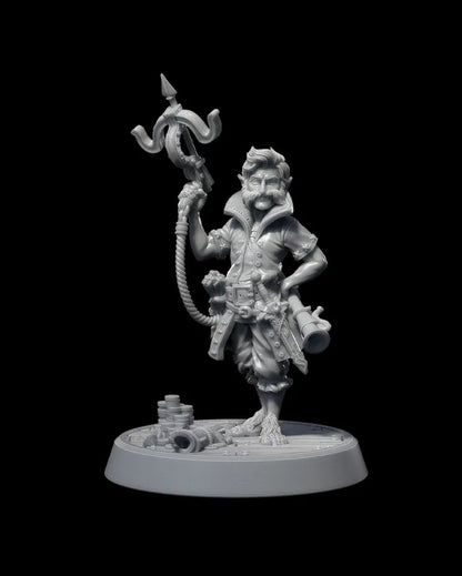 Half Pint Delloit, a halfling rogue swashbuckler, standing next to a D20 dice, depicted in an agile and confident pose.