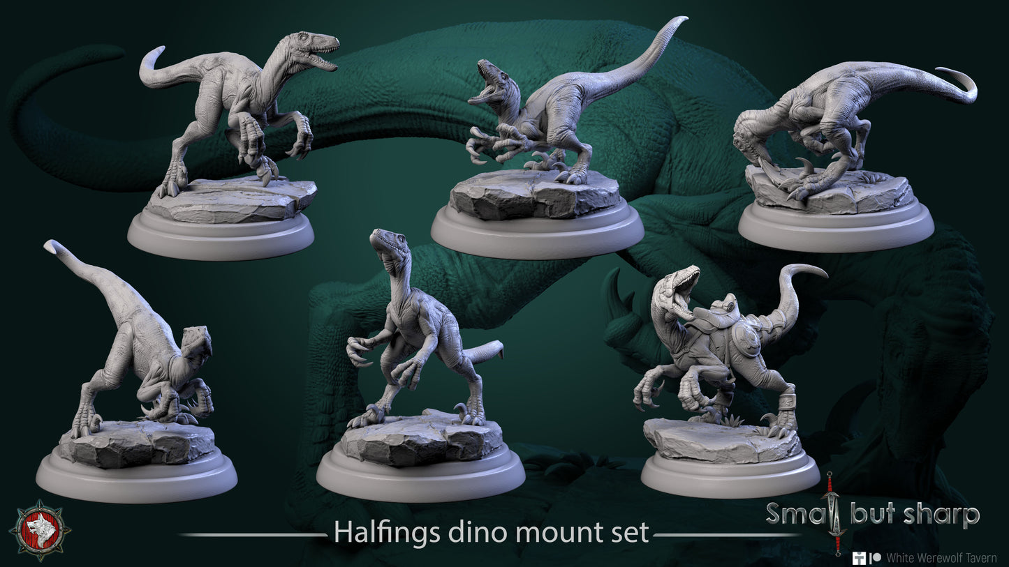 Halfling Dino Mount Set group shot of dinosaur beast miniatures for Dungeons & Dragons, Pathfinder, and fantasy RPG campaigns
