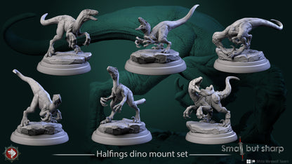 Halfling Dino Mount Set group shot of dinosaur beast miniatures for Dungeons & Dragons, Pathfinder, and fantasy RPG campaigns