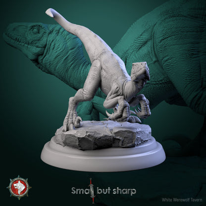 Halfling Dino Mount V2 raptor beast miniature posed on rocky base for Pathfinder, D&D, and fantasy adventures