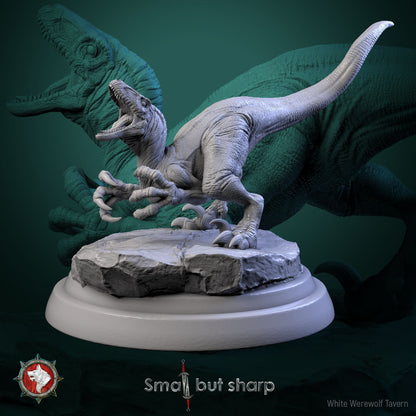 Halfling Dino Mount V5 feral raptor dinosaur miniature snarling on rocky base for Pathfinder and Warhammer fantasy settings