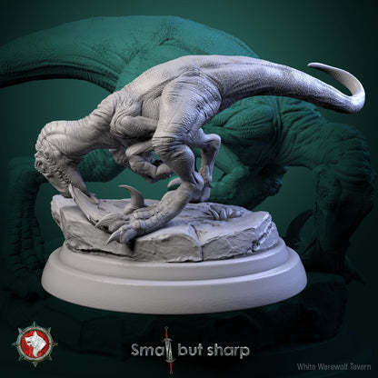 Halfling Dino Mount V6 dinosaur miniature crouched low in stalking stance for Dungeons & Dragons and tabletop RPG battles