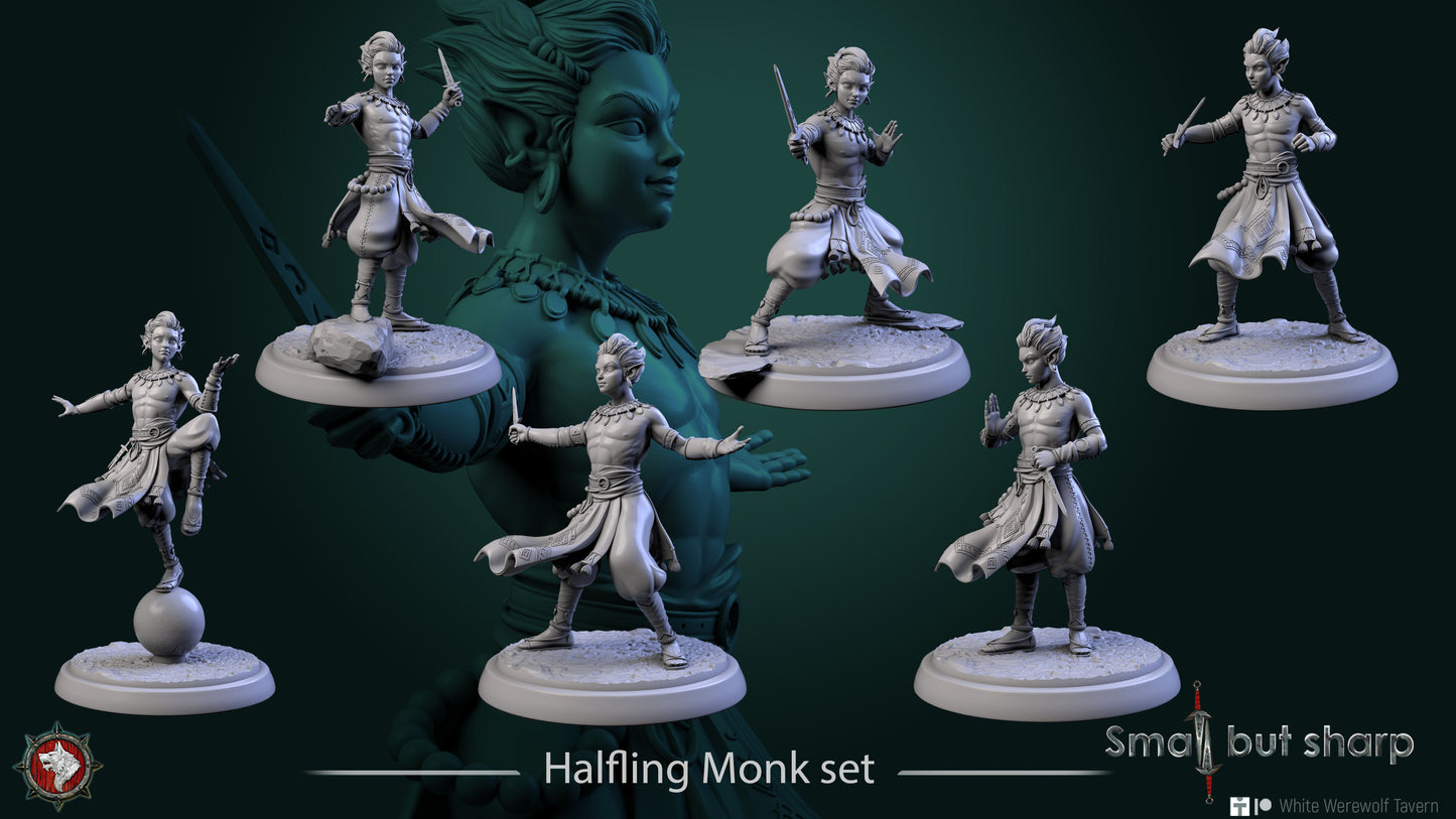 Halfling Monk miniatures set group shot with six halfling monks in martial arts stances