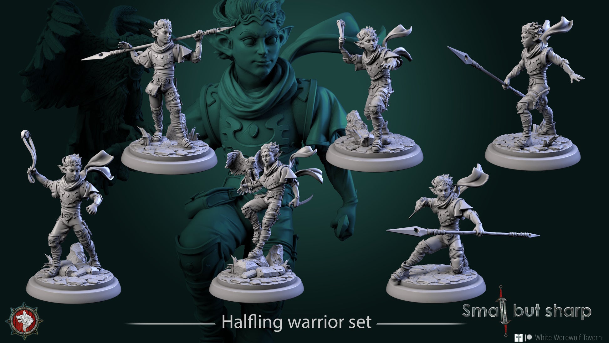 Group of halfling warrior miniatures with spears and slings, male fighters.