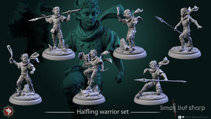 Group of halfling warrior miniatures with spears and slings, male fighters.