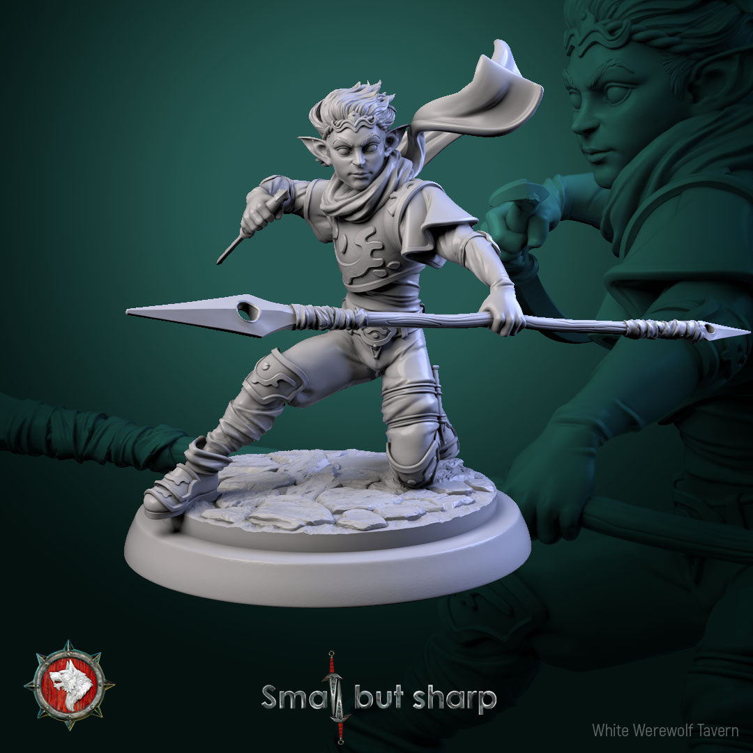 Halfling warrior miniature crouched in combat pose with spear and dagger, male fighter.