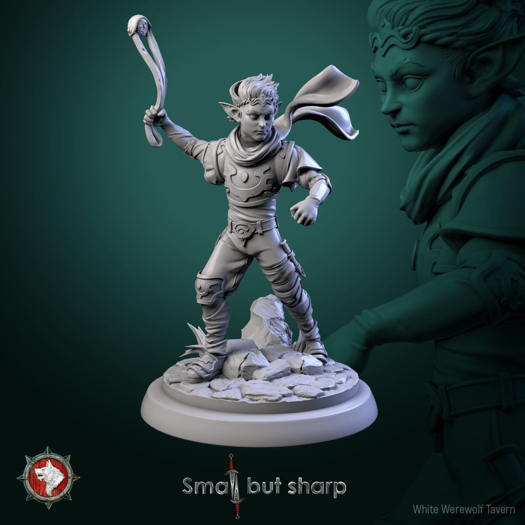 Halfling warrior miniature aiming sling, male fighter.