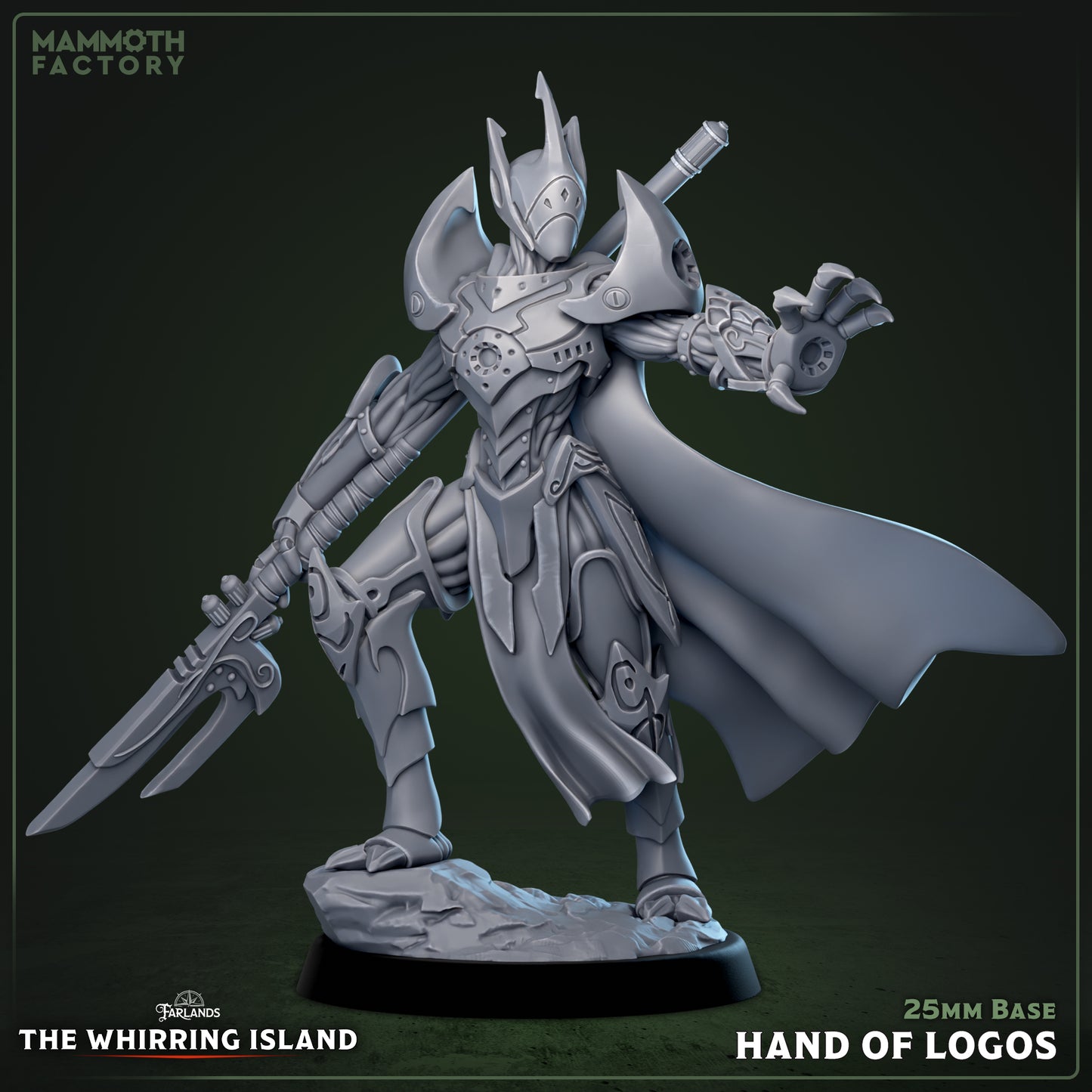 Hand of the Logos construct champion miniature with bladed weapon, flowing cloak, advanced armor plating, outstretched command hand, and imposing battle stance for fantasy tabletop RPGs