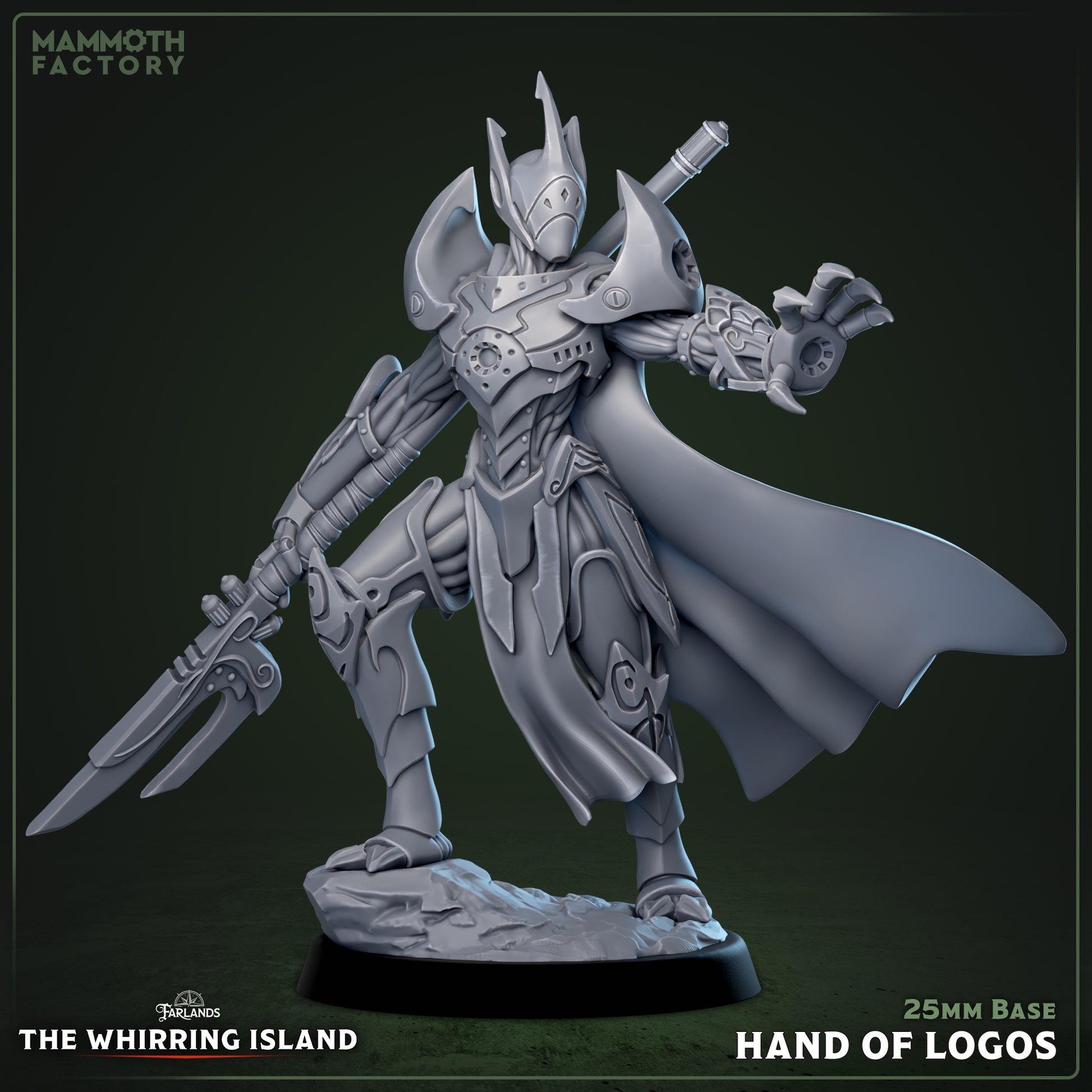 Hand of the Logos construct champion miniature with bladed weapon, flowing cloak, advanced armor plating, outstretched command hand, and imposing battle stance for fantasy tabletop RPGs