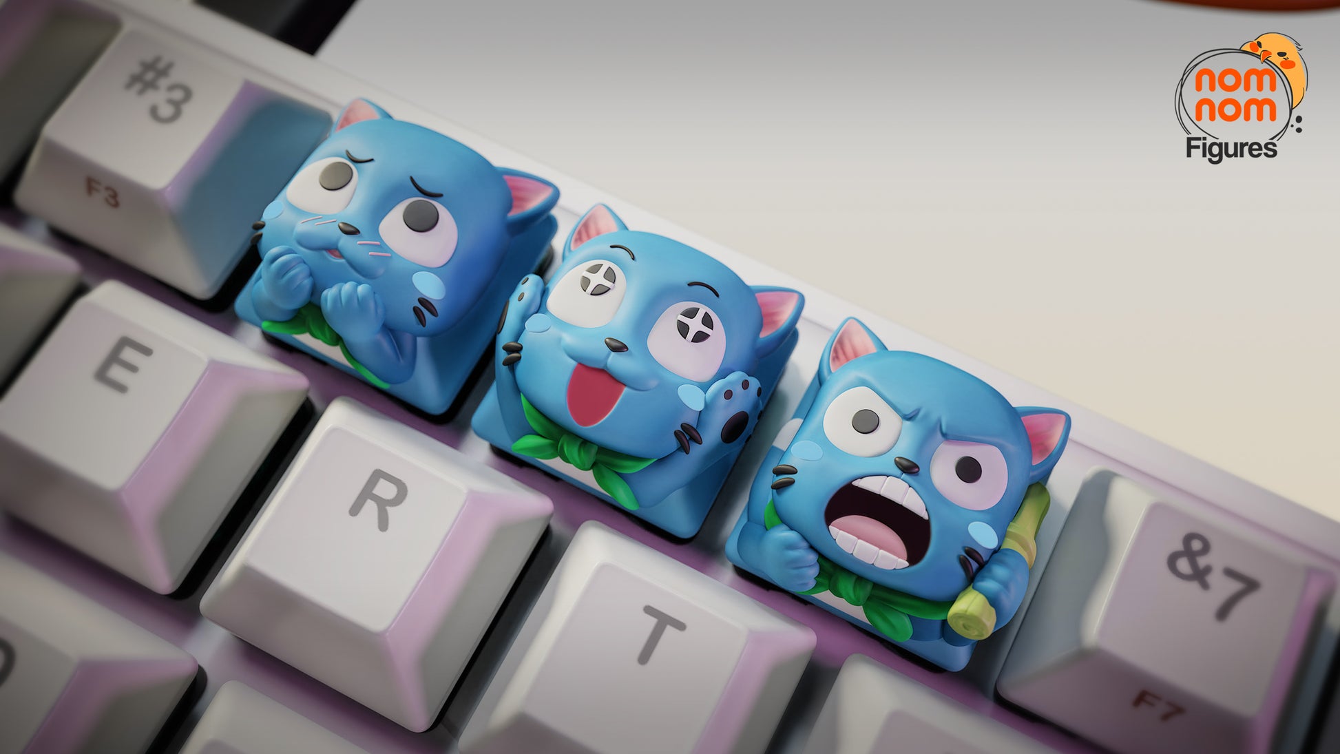Close-up of Fairy Tail Happy keycaps on a keyboard, focusing on detailed facial expressions — the Shy Happy with blushing cheeks, the Cheerful Happy with a playful grin, and the Angry Happy shouting while holding a rolled scroll.