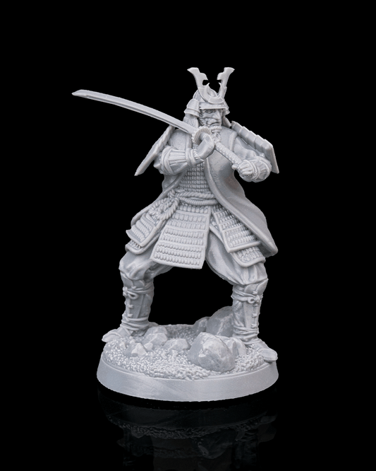 Haruka miniature front view showing samurai warrior in full armor holding a raised katana, posed in mid-swing over a rocky base.