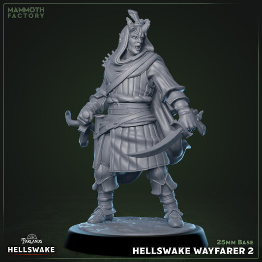 25mm base.

Hellswake Wayfarer 2 – Tiefling ranger miniature standing with twin curved blades drawn, armored and cloaked with horns and tail visible, depicted mid-battle pose on a 25mm base.