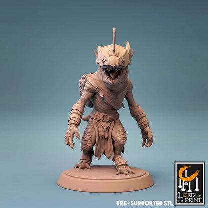 Kobold miniature wearing a horned helmet, standing in a forward position with hands raised. Great for use in Dungeons and Dragons or other fantasy tabletop RPGs.