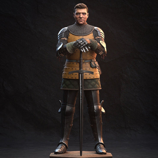 Henry Kingdom Come: Deliverance 1:8 scale collectible figure, knight in chainmail and plate armor standing with hands on sword, front view on decorated pedestal.