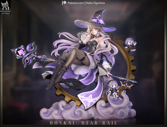The Herta Honkai Star Rail painted collectible figure with floating clouds gear ring chibi companions