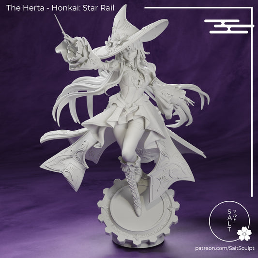 Front view of The Herta figure standing confidently, holding a wand with intricate clothing details and thigh-high boots.