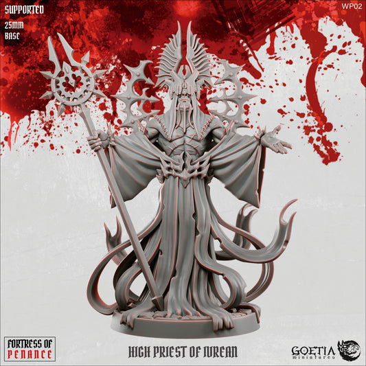 High Priest of Ivrean aberration cult leader miniature from Fortress of Penance wearing flowing ritual robes and an alien crown, holding a ceremonial staff, tentacled lower body posed on a stone base, grimdark Dungeons and Dragons tabletop miniature