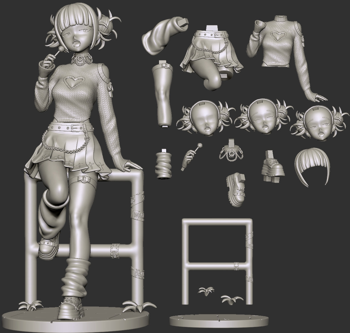 Himiko Toga collectible figure parts layout showing interchangeable heads, arms, legs, hair, skirt, boots, lollipop accessory, and display base with railing support