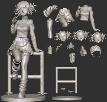 Himiko Toga collectible figure parts layout showing interchangeable heads, arms, legs, hair, skirt, boots, lollipop accessory, and display base with railing support