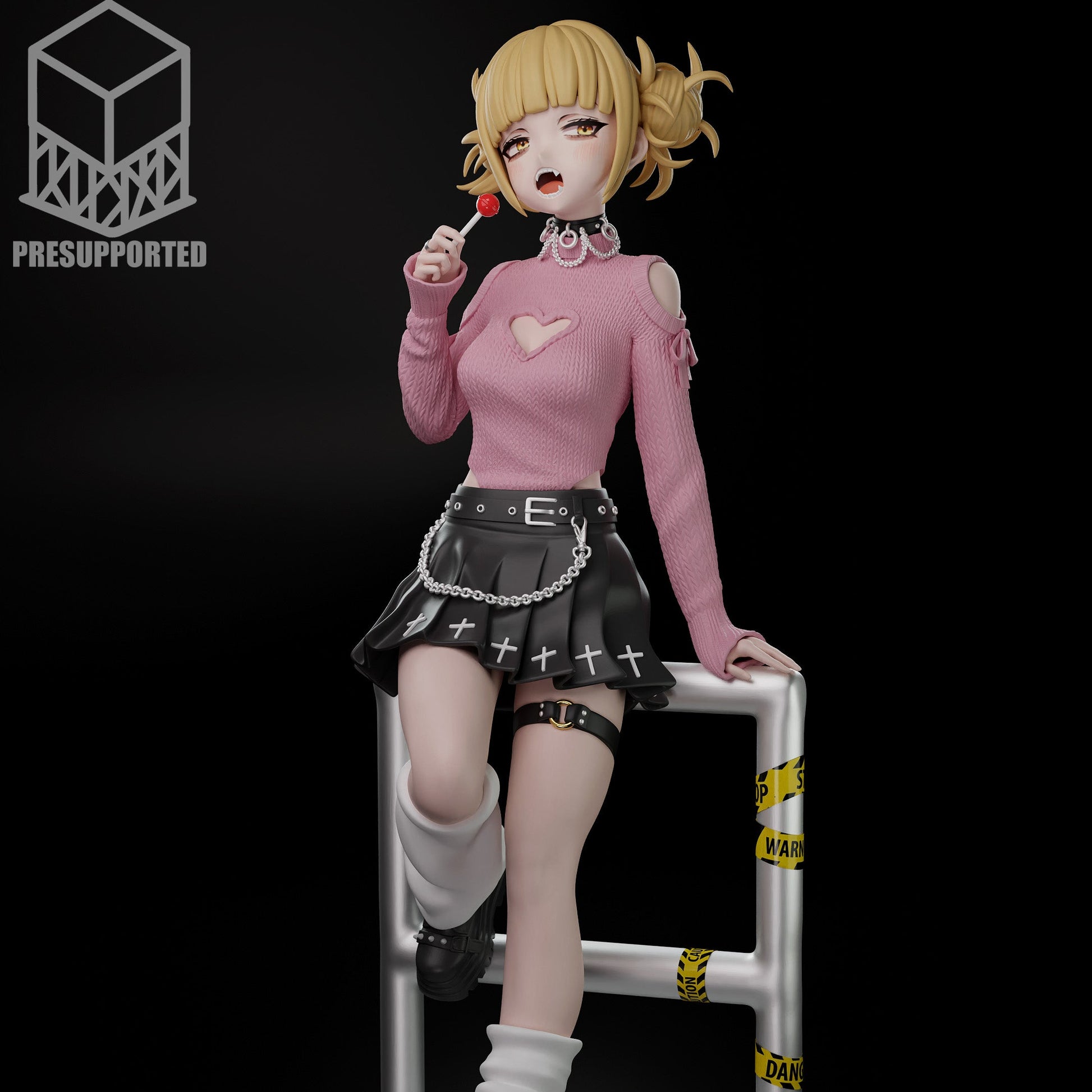 Himiko Toga collectible figure painted front view, holding lollipop, pink sweater, black skirt with chain belt, thigh strap, leg warmers, twin bun hairstyle, standing on tiled base with metal railing and caution tape