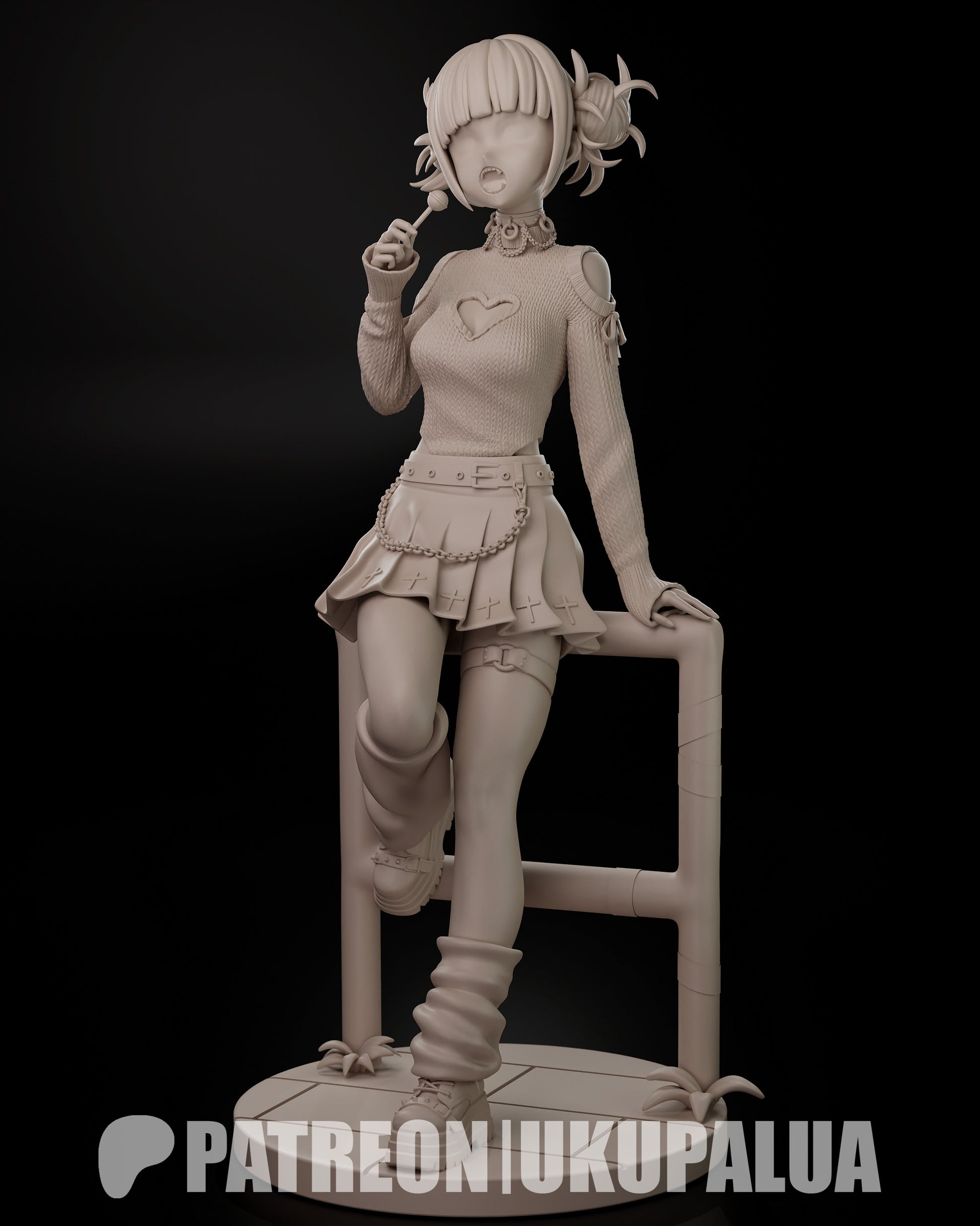 Himiko Toga collectible figure unpainted front view, leaning pose holding lollipop, short pleated skirt, heart cut-out sweater, hair in twin buns, leg warmers, platform shoes, railing base