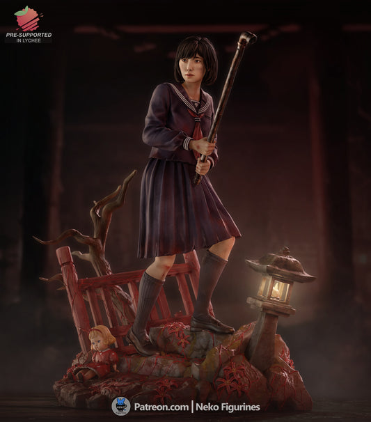 Painted Hinako 1:7 scale figure holding a metal pipe, standing on eerie base with broken fence, tree, and doll.