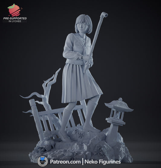 Front view of unpainted Hinako 1:7 scale collectible with base featuring lantern and twisted tree.