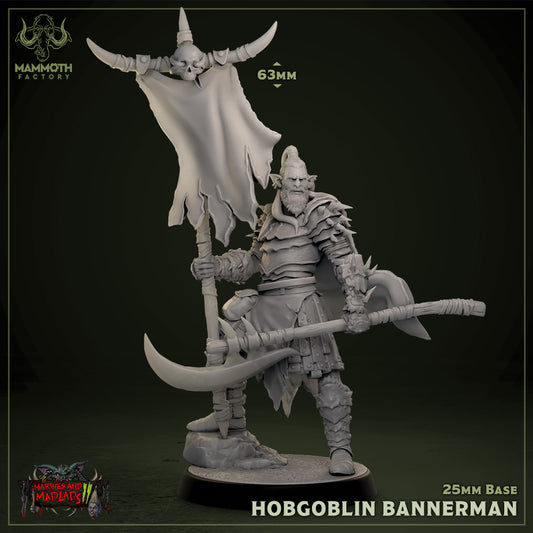 A hobgoblin bannerman figure holding a large, tattered flag topped with a skull, standing firm with a curved blade by his side, on a 25mm base.