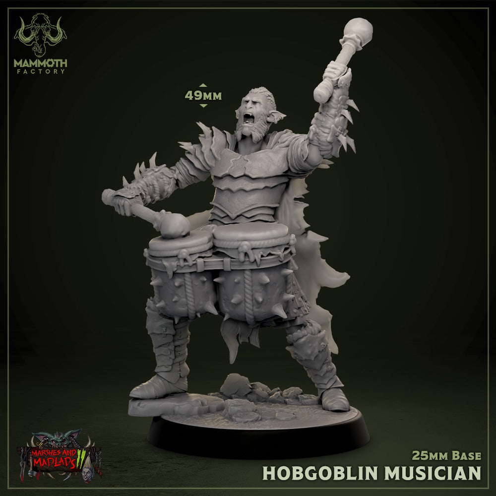 A hobgoblin drummer miniature striking large, spiked drums with enthusiasm, wearing heavy armor and exuding a fierce presence, positioned on a 25mm base.