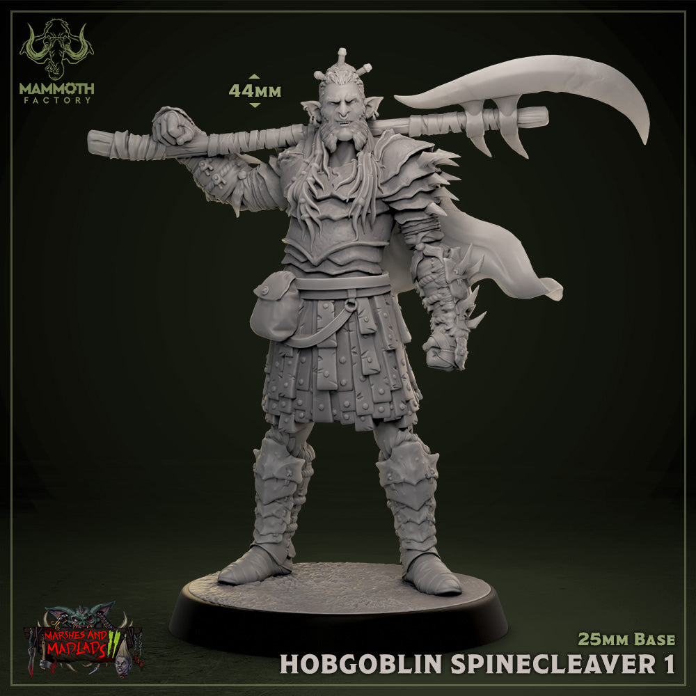 A hobgoblin warrior miniature wielding a massive curved axe, dressed in rugged armor adorned with spikes, standing ready for battle on a 25mm base.