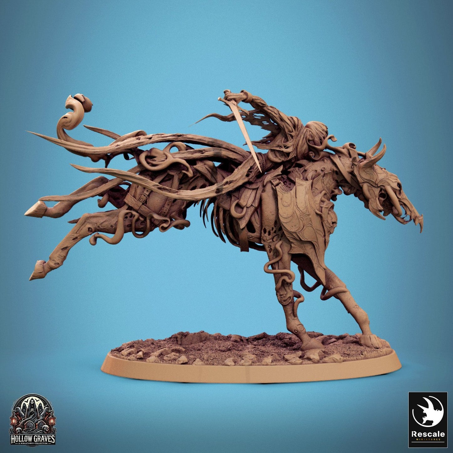 Doomstride mounted figure with sword drawn, rider leaning forward on galloping undead horse.