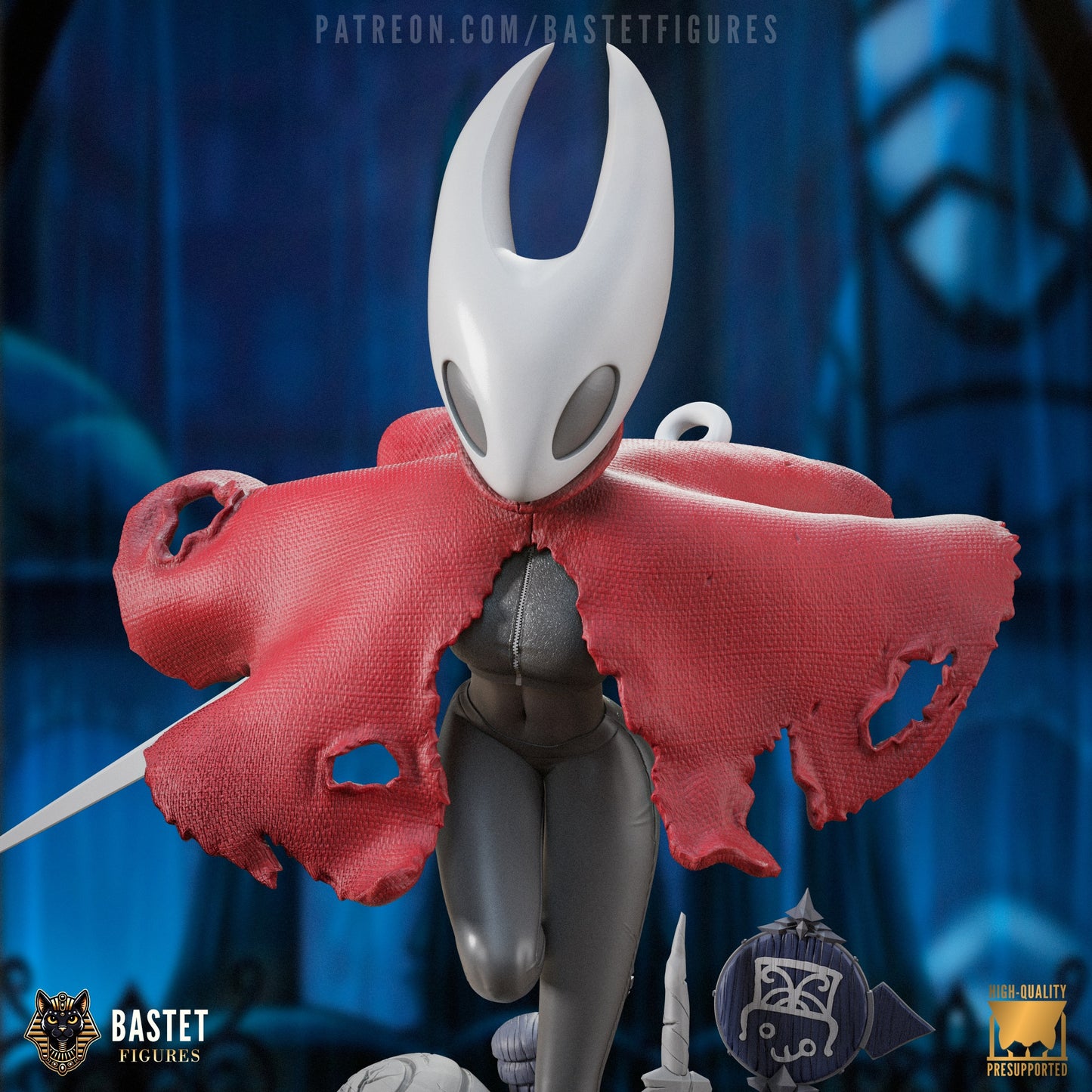Color render front view of the Hornet 1:8 figure in full pose with cape open, needle drawn, and textured base in a stylized backdrop.
