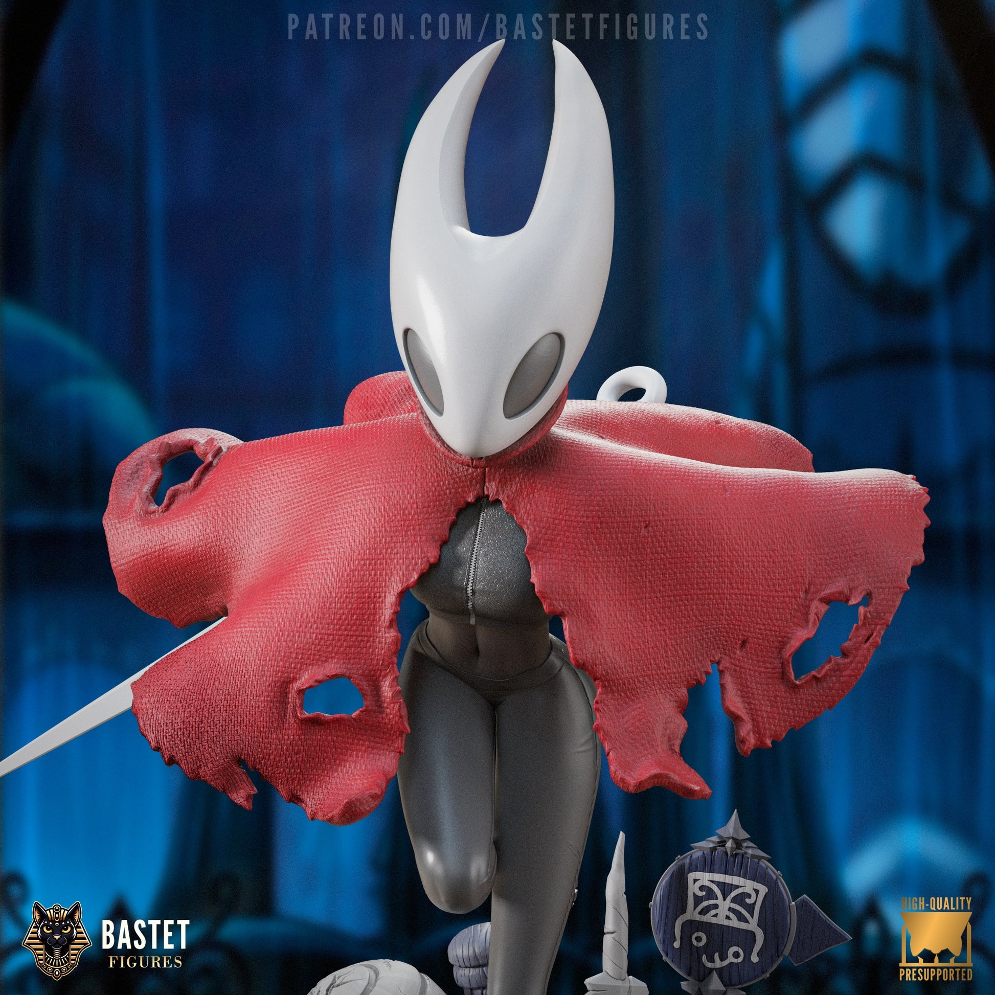 Color render front view of the Hornet 1:8 figure in full pose with cape open, needle drawn, and textured base in a stylized backdrop.