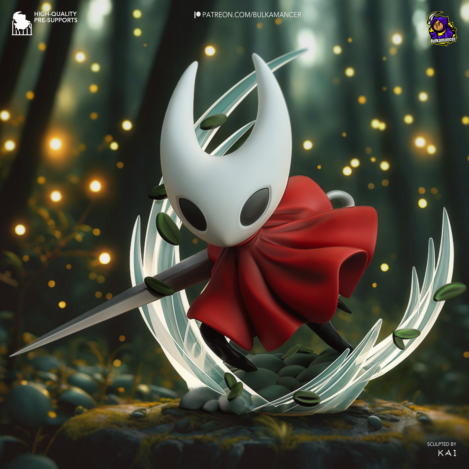 Chibi Hornet Hollow Knight Silksong figurine leaping with needle weapon and flowing cloak on forest base