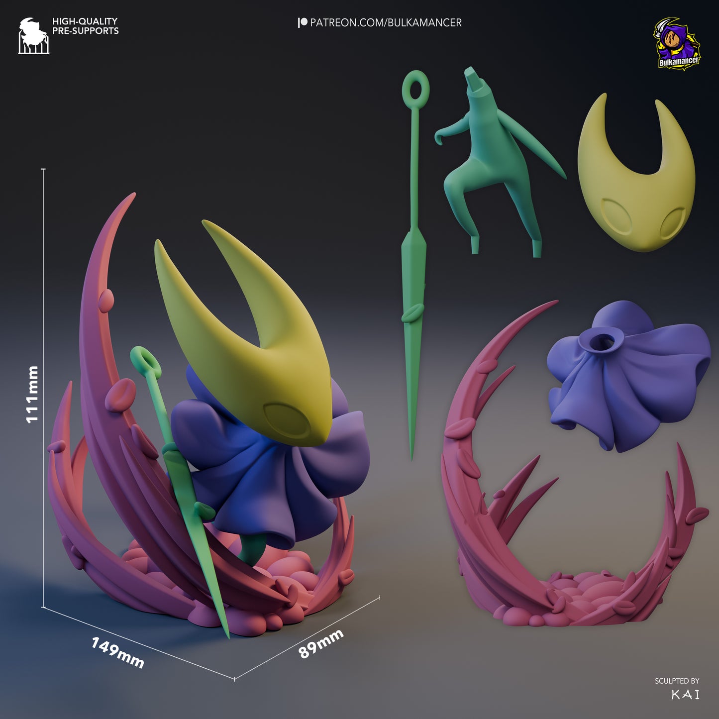 Chibi Hornet figurine assembly parts with needle, cloak, mask, and swirling base pieces with dimensions