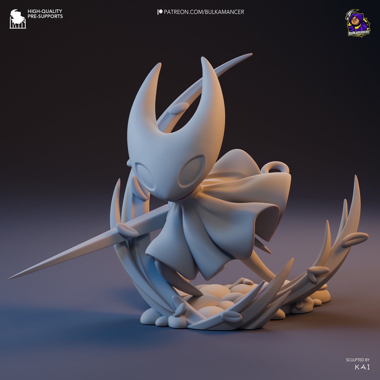 Chibi Hornet Hollow Knight Silksong figurine unpainted front view showing needle strike pose and cloak