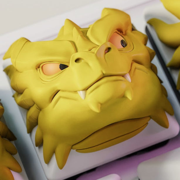 Stoic dragon head artisan keycap with calm, serious expression on a mechanical keyboard key