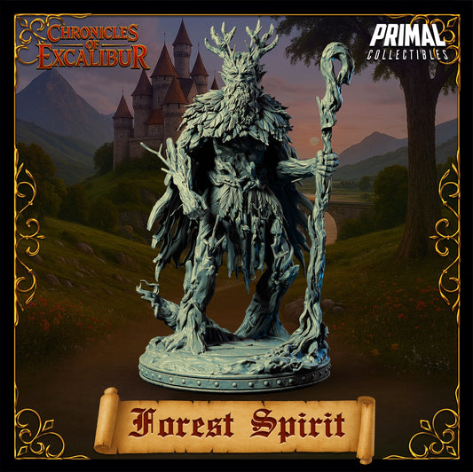 Forest Spirit miniature front view showing antler crown, long beard of bark, leaf-covered torso, staff held forward, ancient guardian posture, fantasy woodland creature miniature