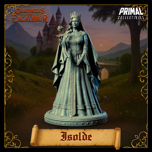 Isolde princess miniature full body front view with flowing gown, veil, crown, rose held forward, elegant royal stance, medieval fantasy character miniature